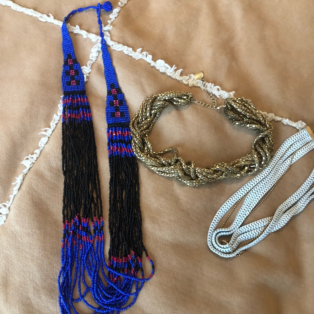 Necklace gold braided, blue beaded, white eclectic